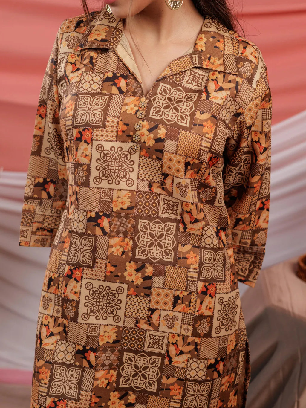 Yufta Cotton Brown Digital Printed Workwear Co-Ord Set With Pintuck Detailing On Sleeves | Grocsy