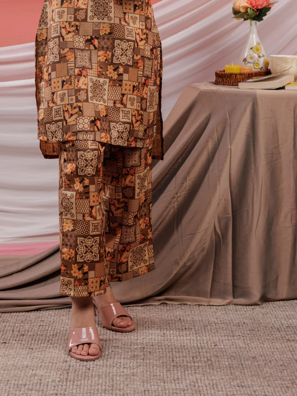Yufta Cotton Brown Digital Printed Workwear Co-Ord Set With Pintuck Detailing On Sleeves | Grocsy