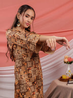Yufta Cotton Brown Digital Printed Workwear Co-Ord Set With Pintuck Detailing On Sleeves | Grocsy
