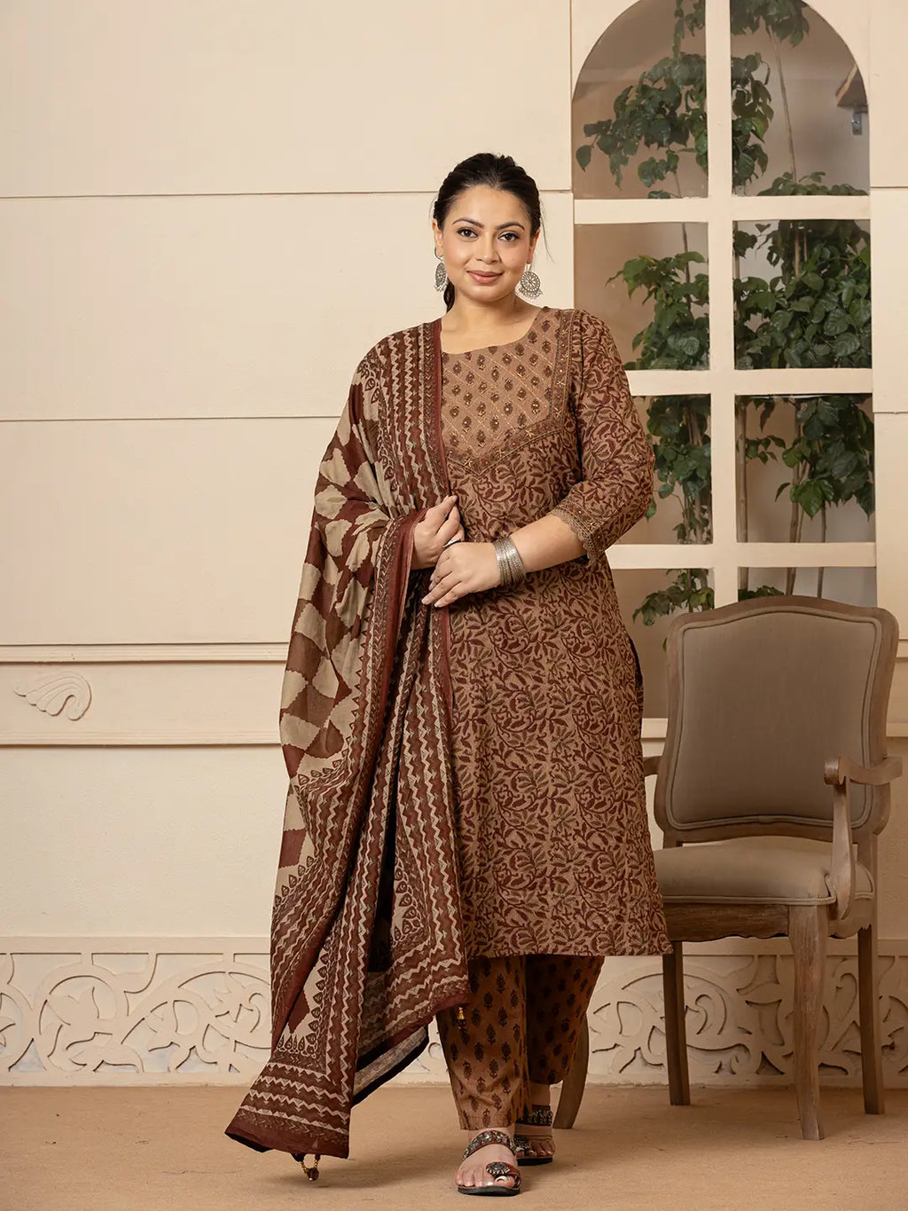 Yufta Cotton Brown Kantha_Work Plus Size Kurta Dupatta Pant Set | Grocsy