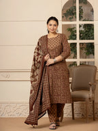 Yufta Cotton Brown Kantha_Work Plus Size Kurta Dupatta Pant Set | Grocsy