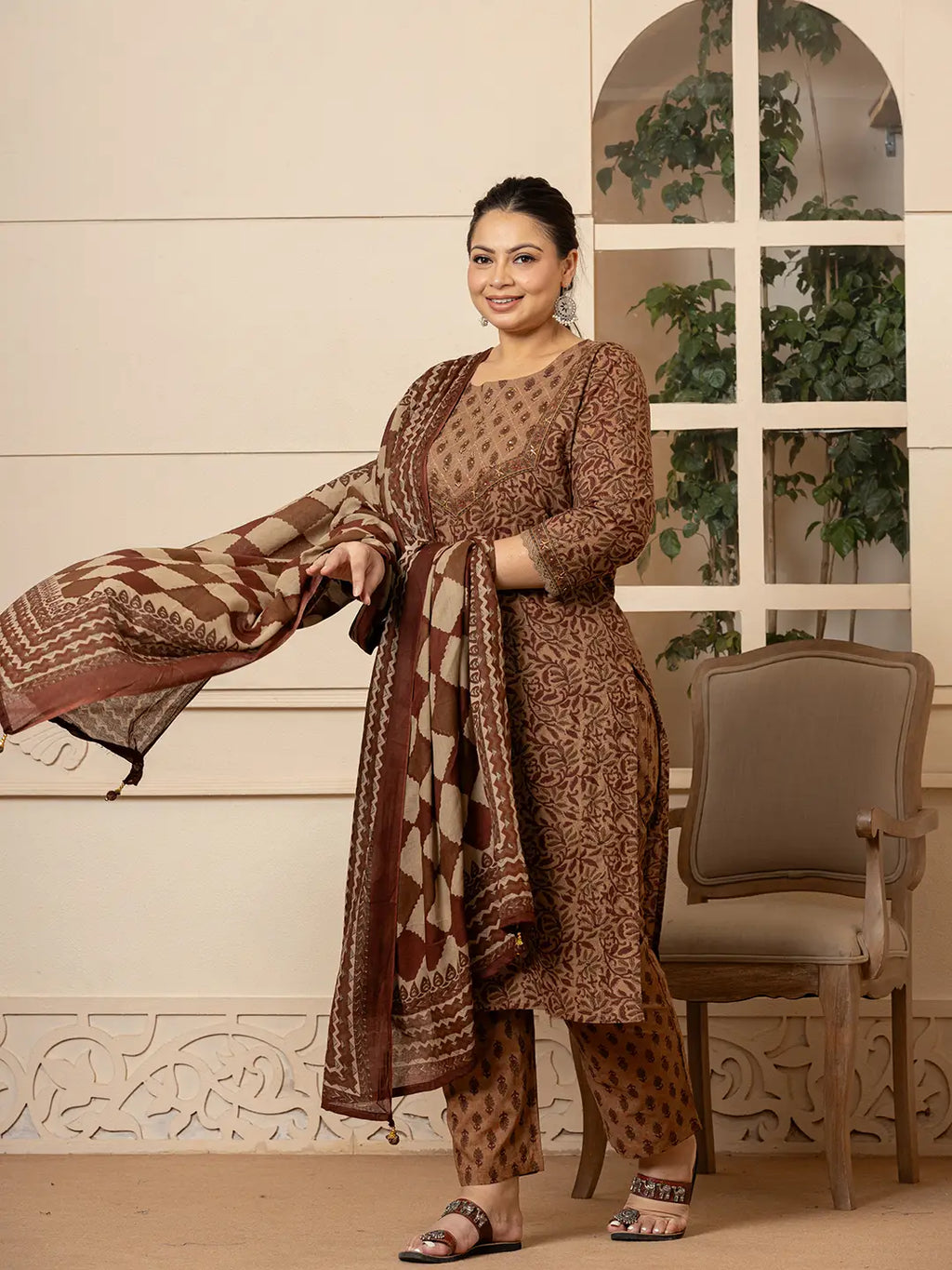 Yufta Cotton Brown Kantha_Work Plus Size Kurta Dupatta Pant Set | Grocsy