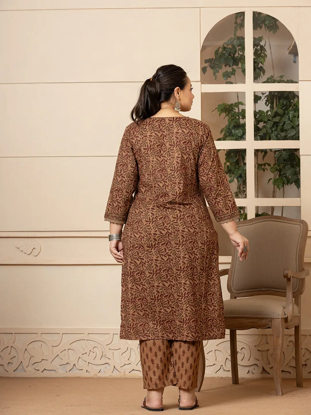 Yufta Cotton Brown Kantha_Work Plus Size Kurta Dupatta Pant Set | Grocsy
