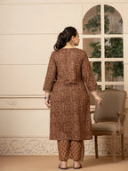 Yufta Cotton Brown Kantha_Work Plus Size Kurta Dupatta Pant Set | Grocsy
