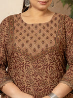 Yufta Cotton Brown Kantha_Work Plus Size Kurta Dupatta Pant Set | Grocsy