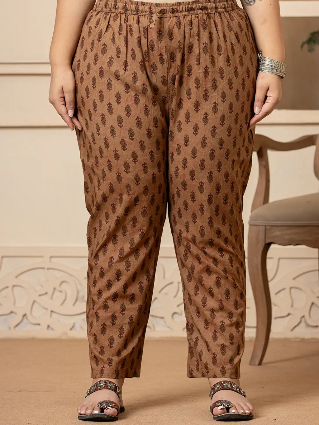 Yufta Cotton Brown Kantha_Work Plus Size Kurta Dupatta Pant Set | Grocsy