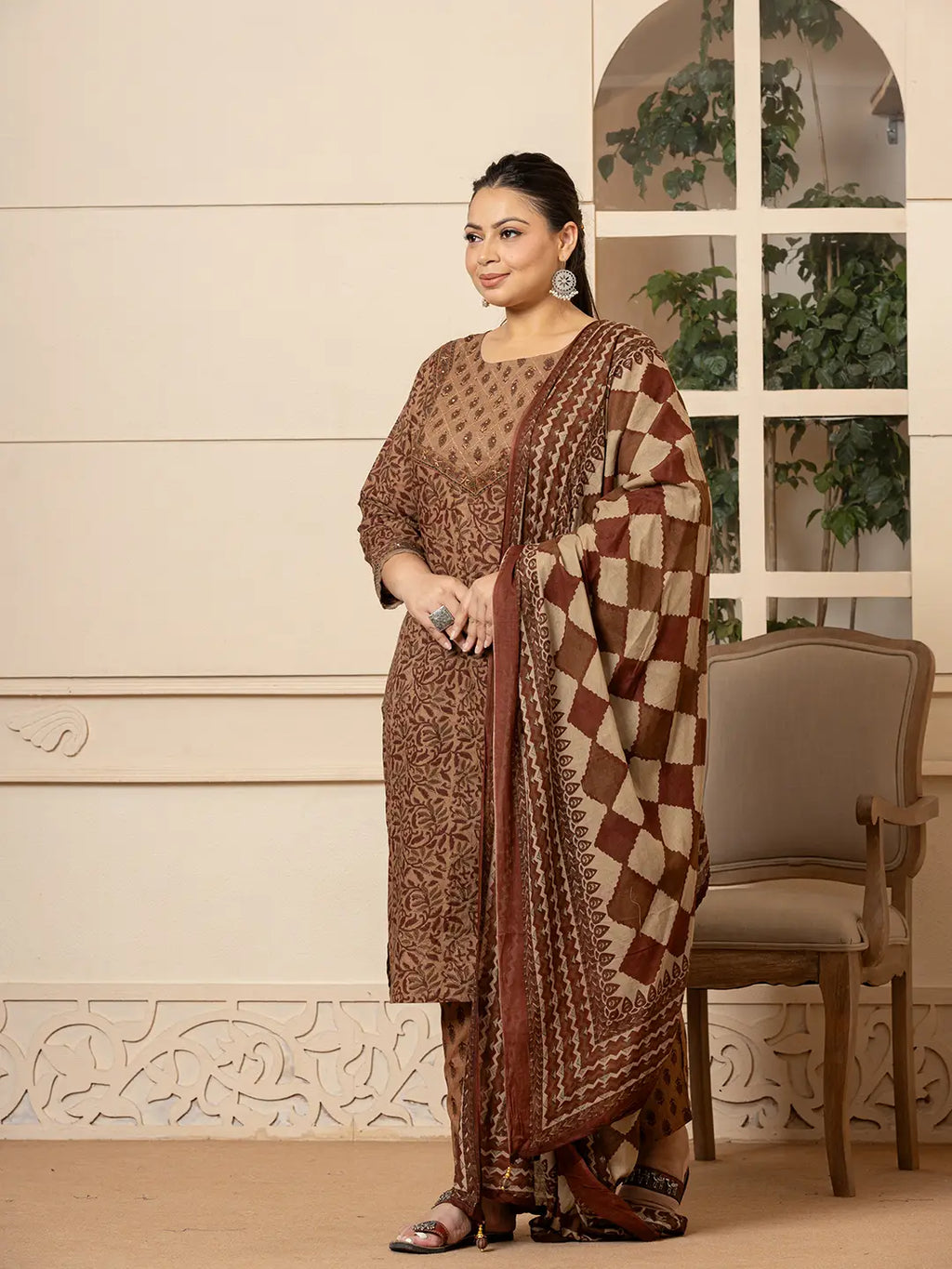 Yufta Cotton Brown Kantha_Work Plus Size Kurta Dupatta Pant Set | Grocsy