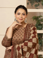Yufta Cotton Brown Kantha_Work Plus Size Kurta Dupatta Pant Set | Grocsy