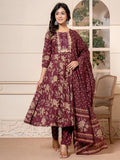 Yufta Cotton Burgundy Anarkali Dupatta Set | Grocsy