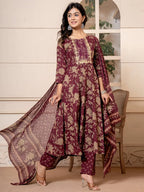 Yufta Cotton Burgundy Anarkali Dupatta Set | Grocsy