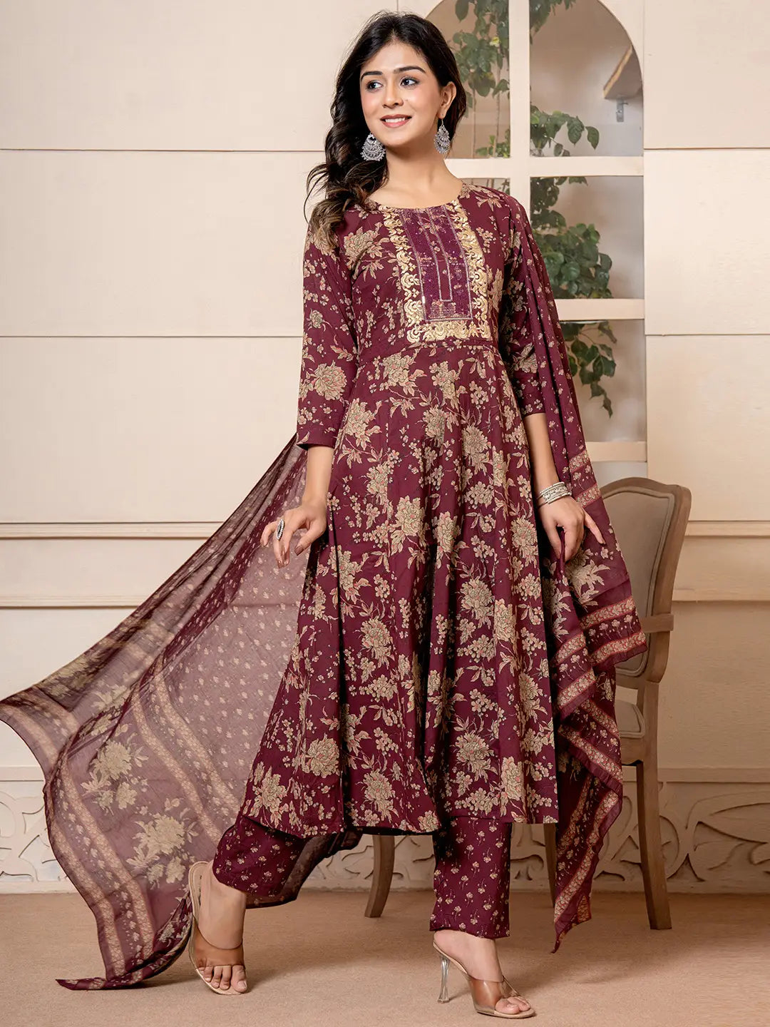 Yufta Cotton Burgundy Anarkali Dupatta Set | Grocsy