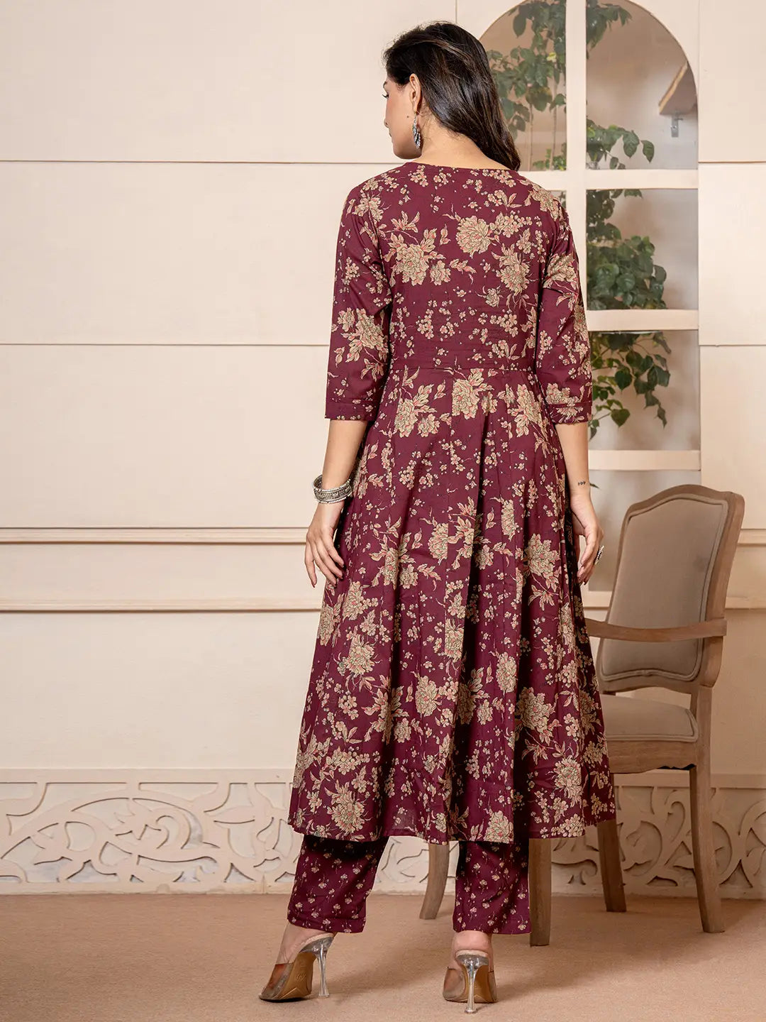 Yufta Cotton Burgundy Anarkali Dupatta Set | Grocsy