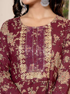 Yufta Cotton Burgundy Anarkali Dupatta Set | Grocsy