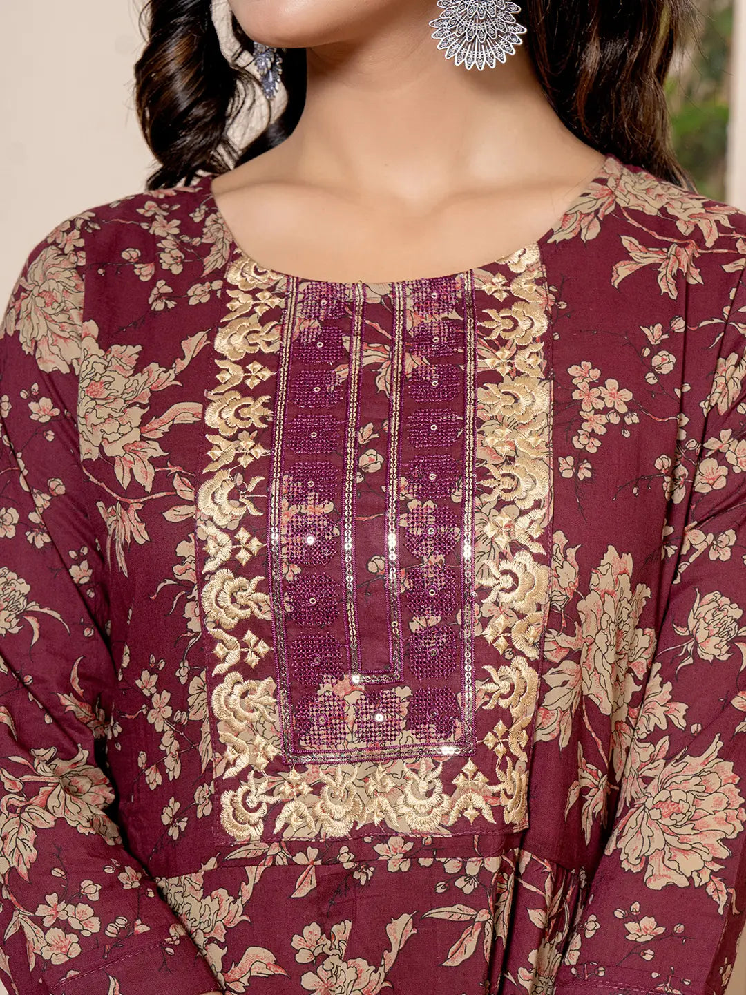 Yufta Cotton Burgundy Anarkali Dupatta Set | Grocsy