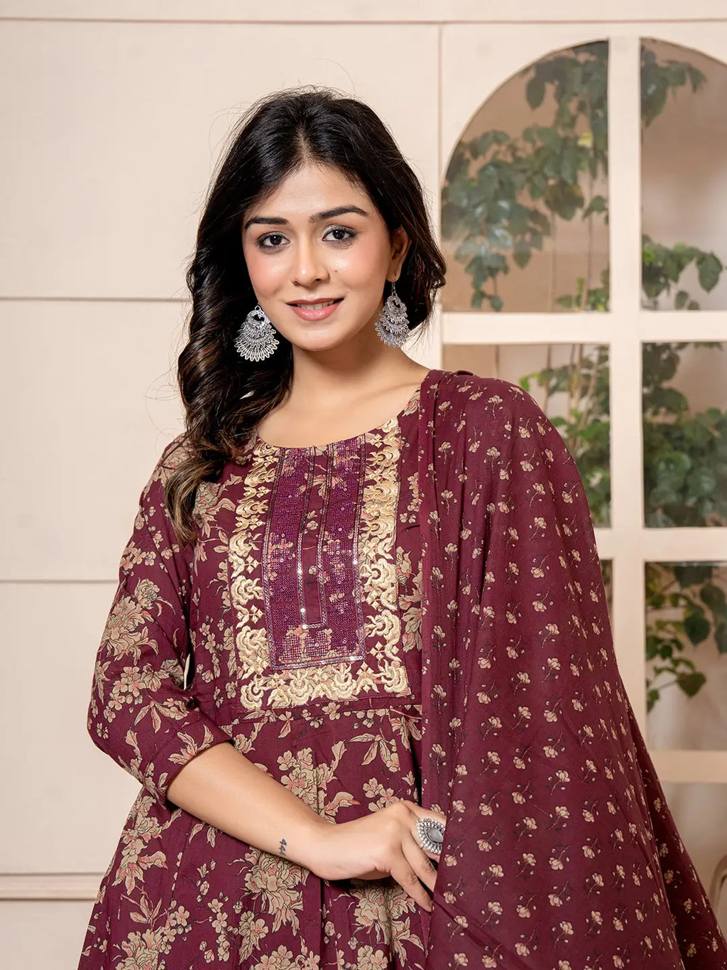 Yufta Cotton Burgundy Anarkali Dupatta Set | Grocsy