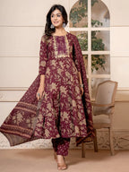 Yufta Cotton Burgundy Anarkali Dupatta Set | Grocsy