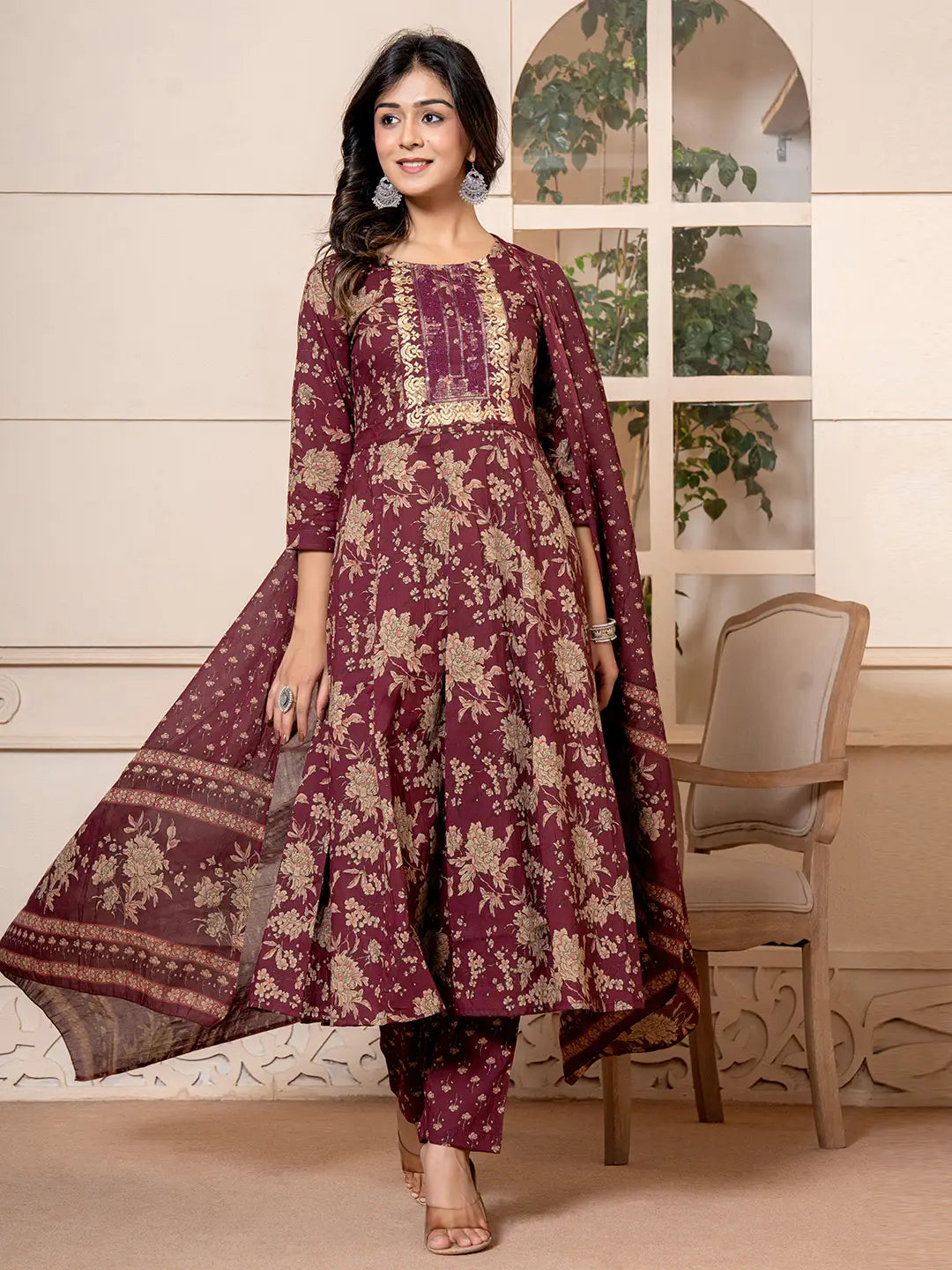 Yufta Cotton Burgundy Anarkali Dupatta Set | Grocsy