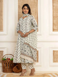 Yufta Cotton Cream Anarkali Kurta Dupatta Set | Grocsy