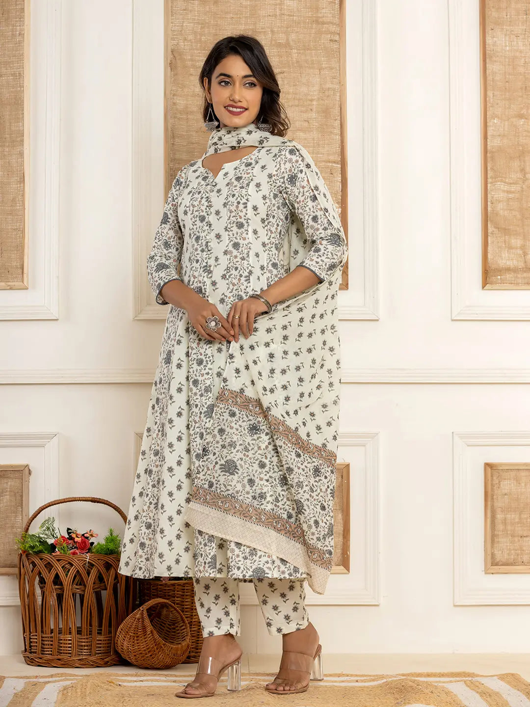 Yufta Cotton Cream Anarkali Kurta Dupatta Set | Grocsy