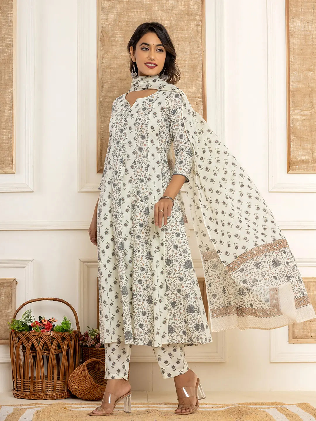 Yufta Cotton Cream Anarkali Kurta Dupatta Set | Grocsy