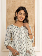 Yufta Cotton Cream Anarkali Kurta Dupatta Set | Grocsy