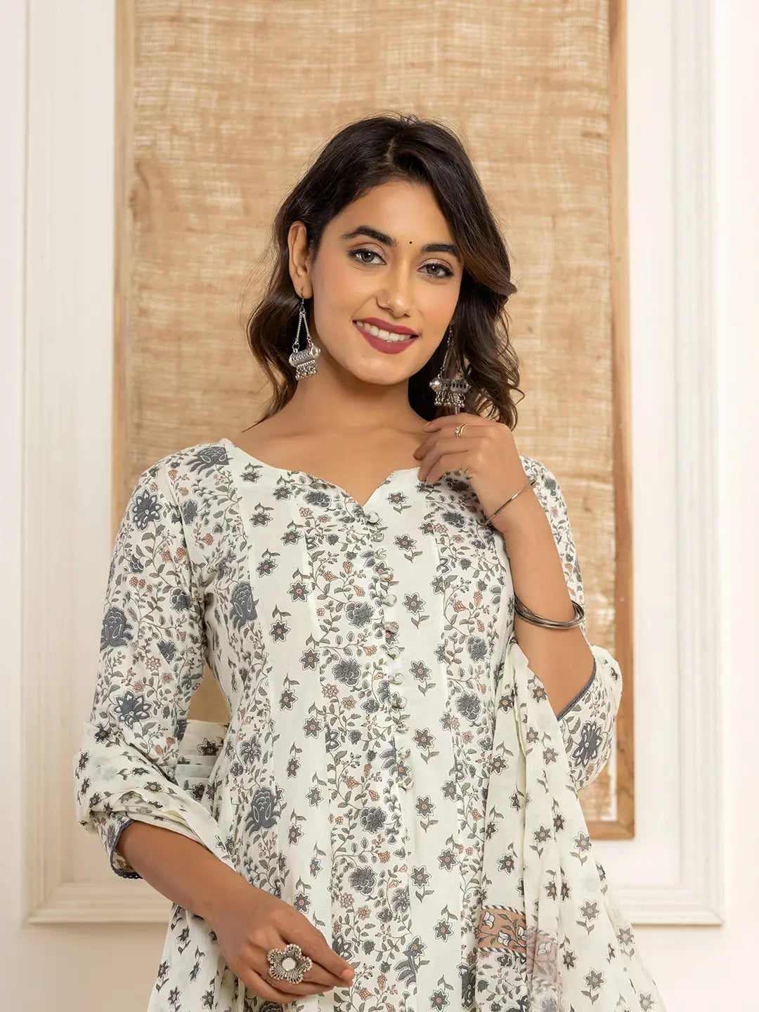 Yufta Cotton Cream Anarkali Kurta Dupatta Set | Grocsy
