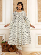 Yufta Cotton Cream Anarkali Kurta Dupatta Set | Grocsy