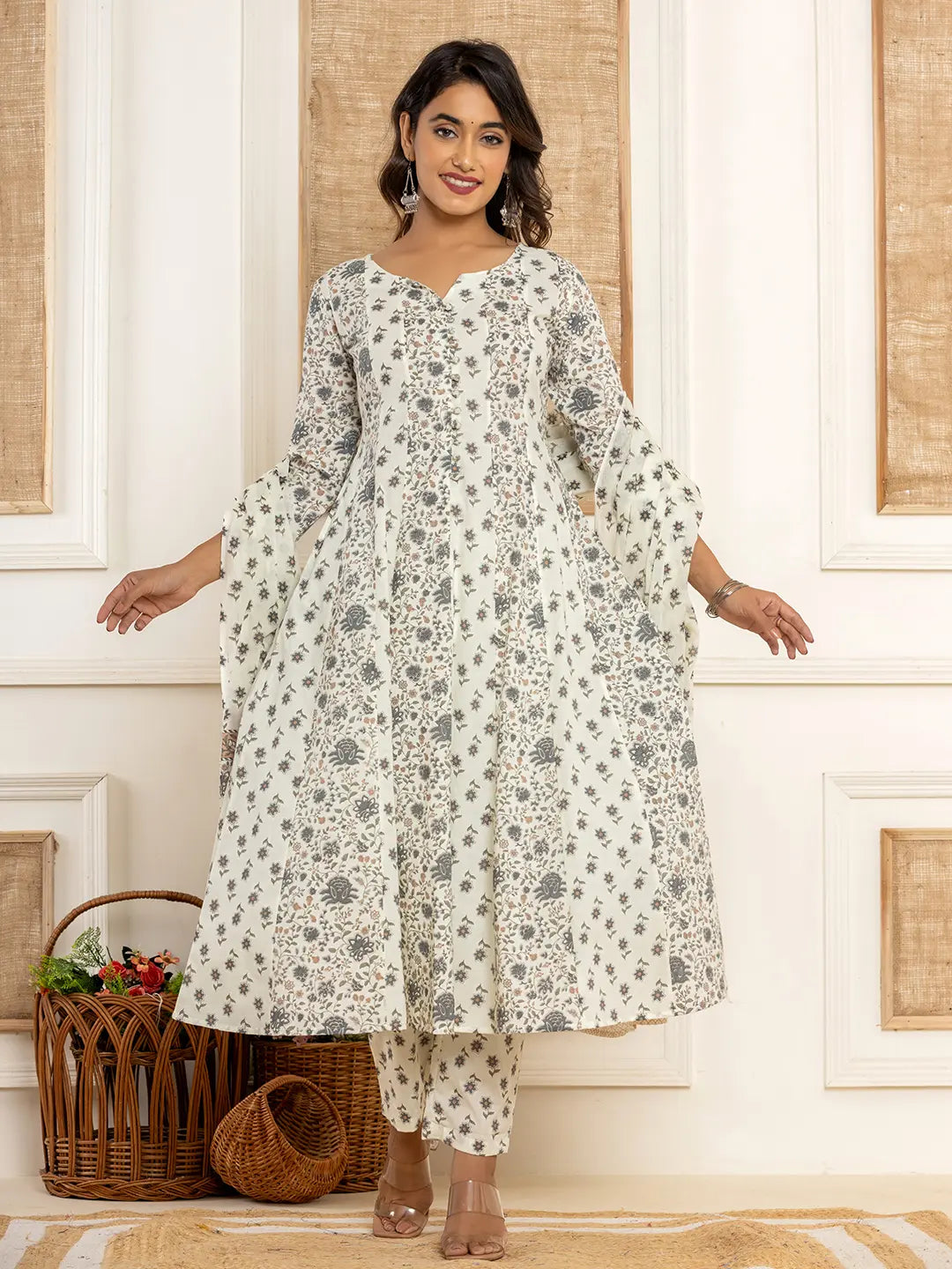 Yufta Cotton Cream Anarkali Kurta Dupatta Set | Grocsy