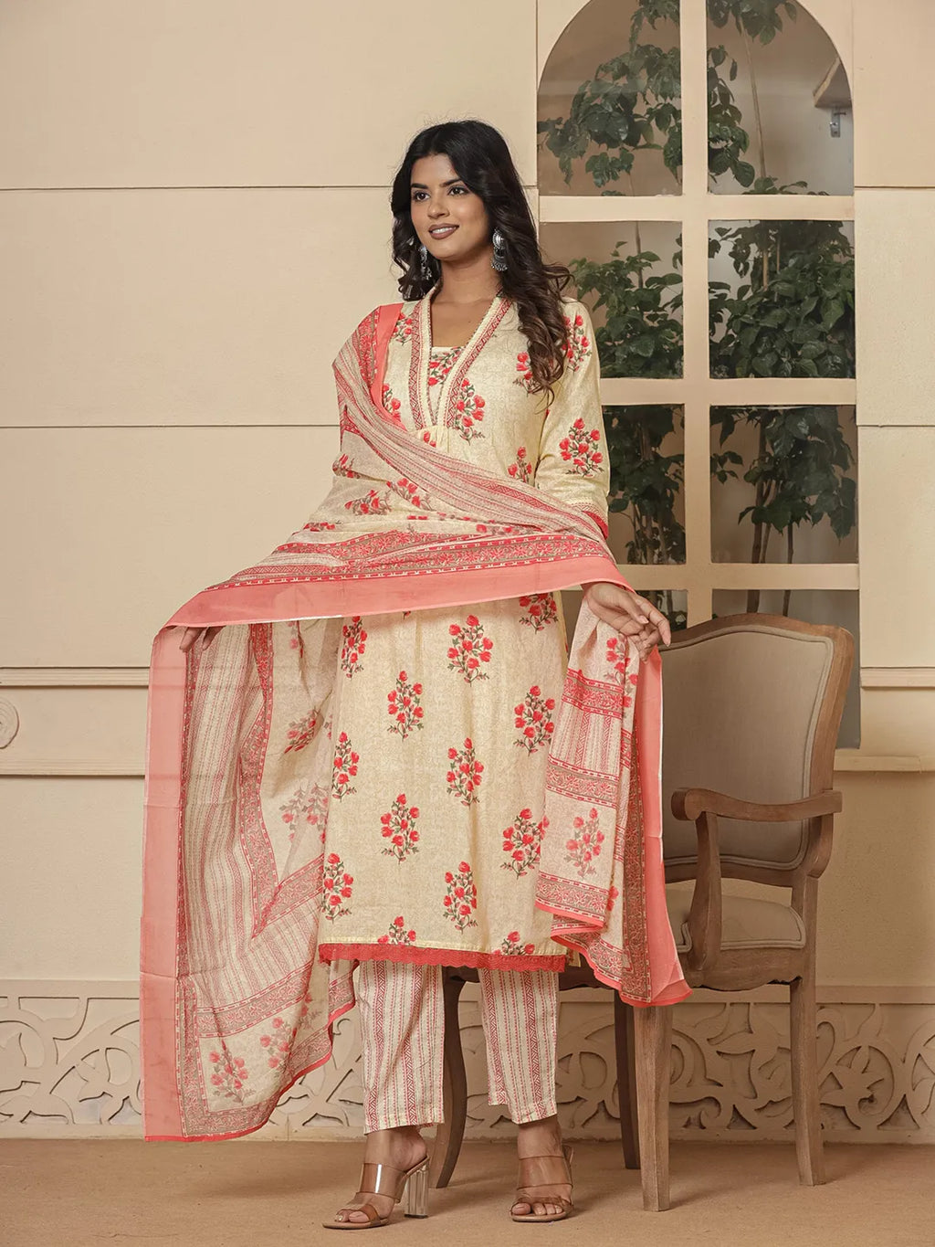 Yufta Cotton Cream And Peach Kurta Dupatta Set | Grocsy