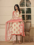 Yufta Cotton Cream And Peach Kurta Dupatta Set | Grocsy