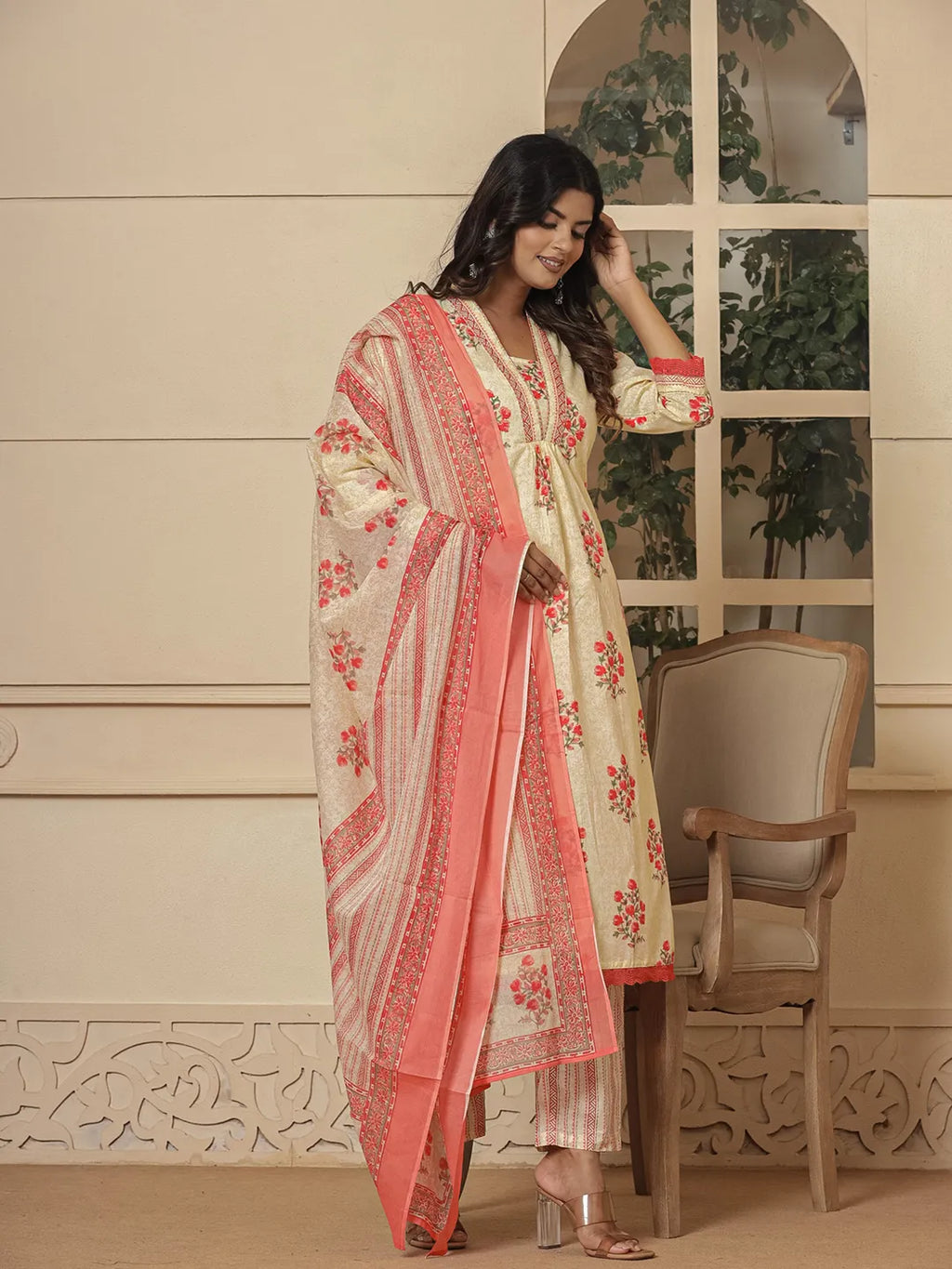 Yufta Cotton Cream And Peach Kurta Dupatta Set | Grocsy