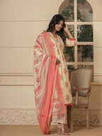 Yufta Cotton Cream And Peach Kurta Dupatta Set | Grocsy