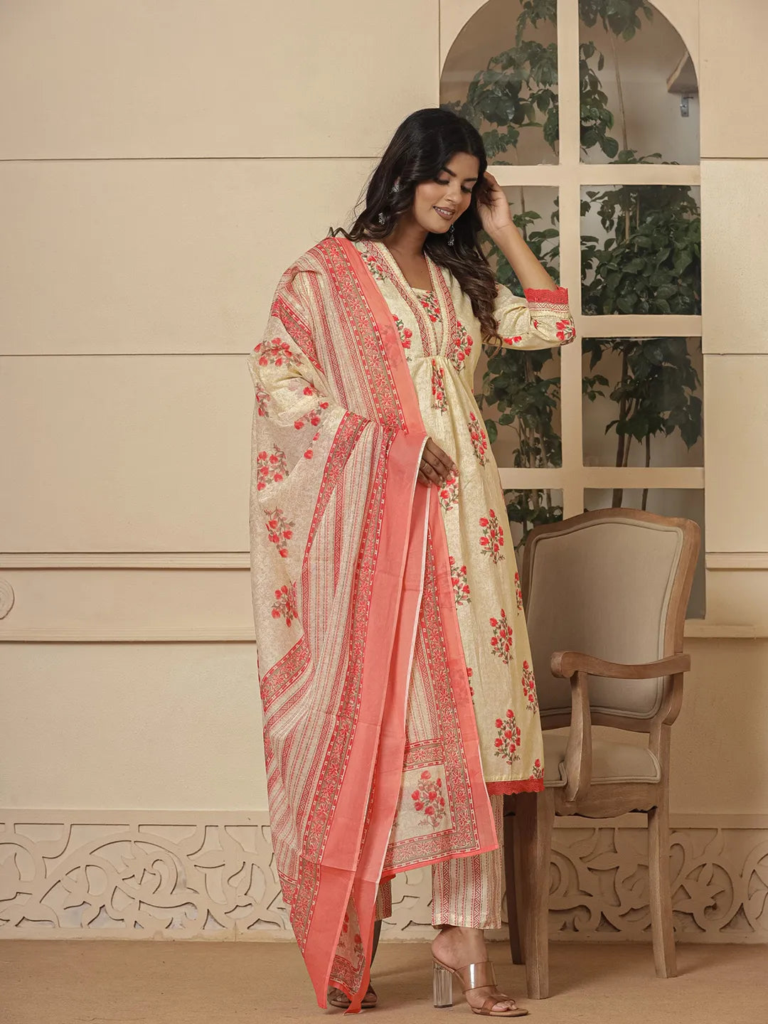 Yufta Cotton Cream And Peach Kurta Dupatta Set | Grocsy