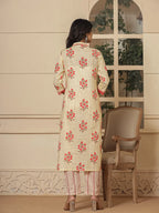 Yufta Cotton Cream And Peach Kurta Dupatta Set | Grocsy