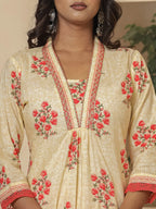 Yufta Cotton Cream And Peach Kurta Dupatta Set | Grocsy