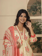 Yufta Cotton Cream And Peach Kurta Dupatta Set | Grocsy