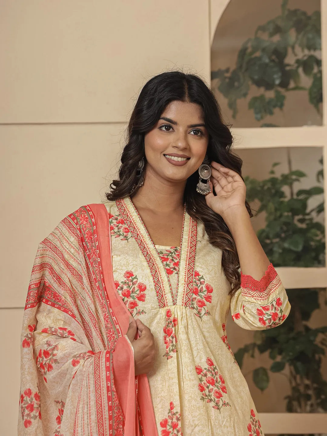 Yufta Cotton Cream And Peach Kurta Dupatta Set | Grocsy