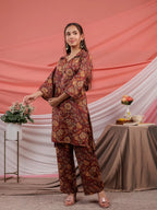 Yufta Cotton Digital Printed Maroon Workwear Co-Ord Set With Pintuck Detailing On Sleeves | Grocsy
