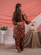 Yufta Cotton Digital Printed Maroon Workwear Co-Ord Set With Pintuck Detailing On Sleeves | Grocsy