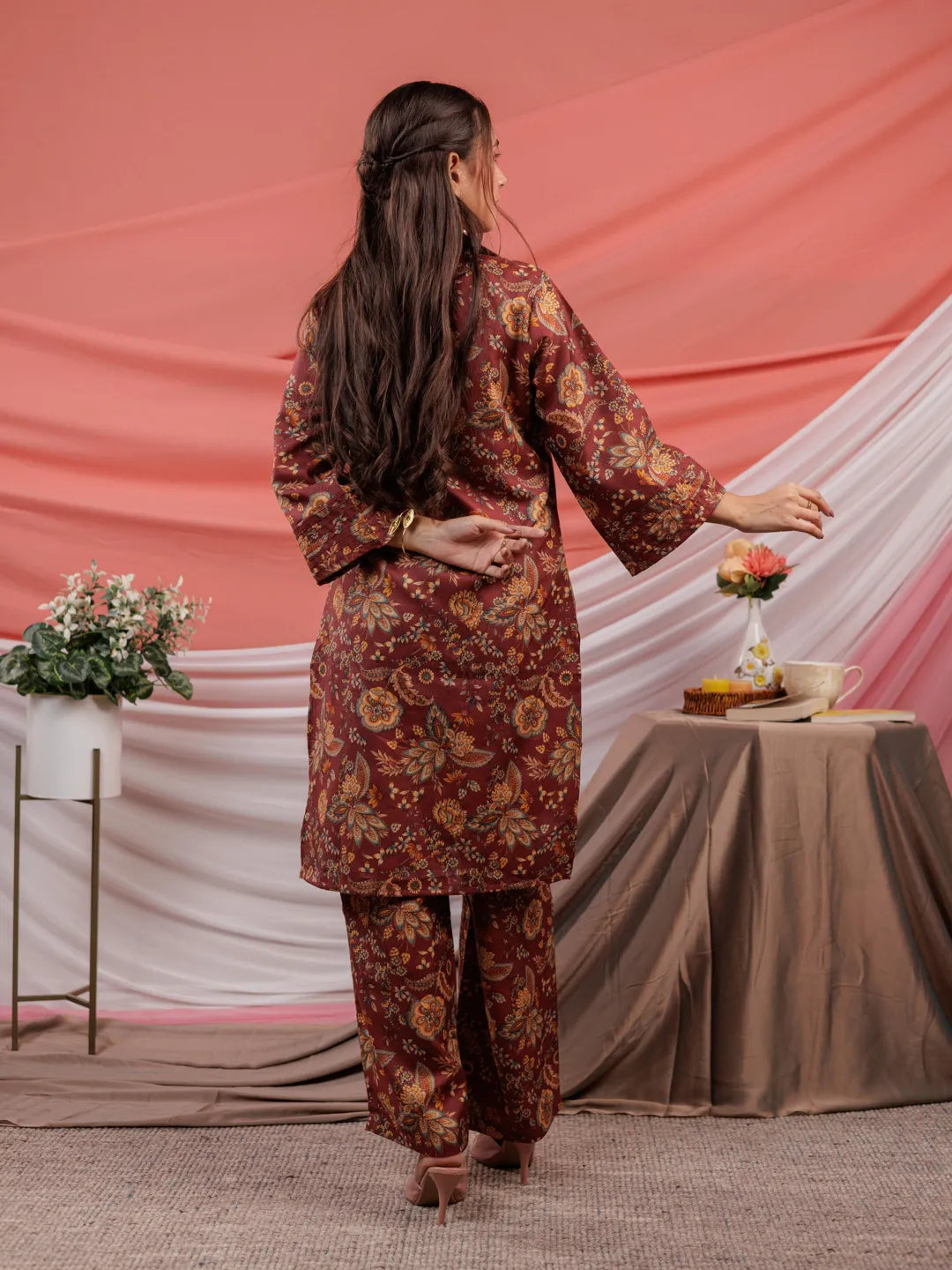 Yufta Cotton Digital Printed Maroon Workwear Co-Ord Set With Pintuck Detailing On Sleeves | Grocsy