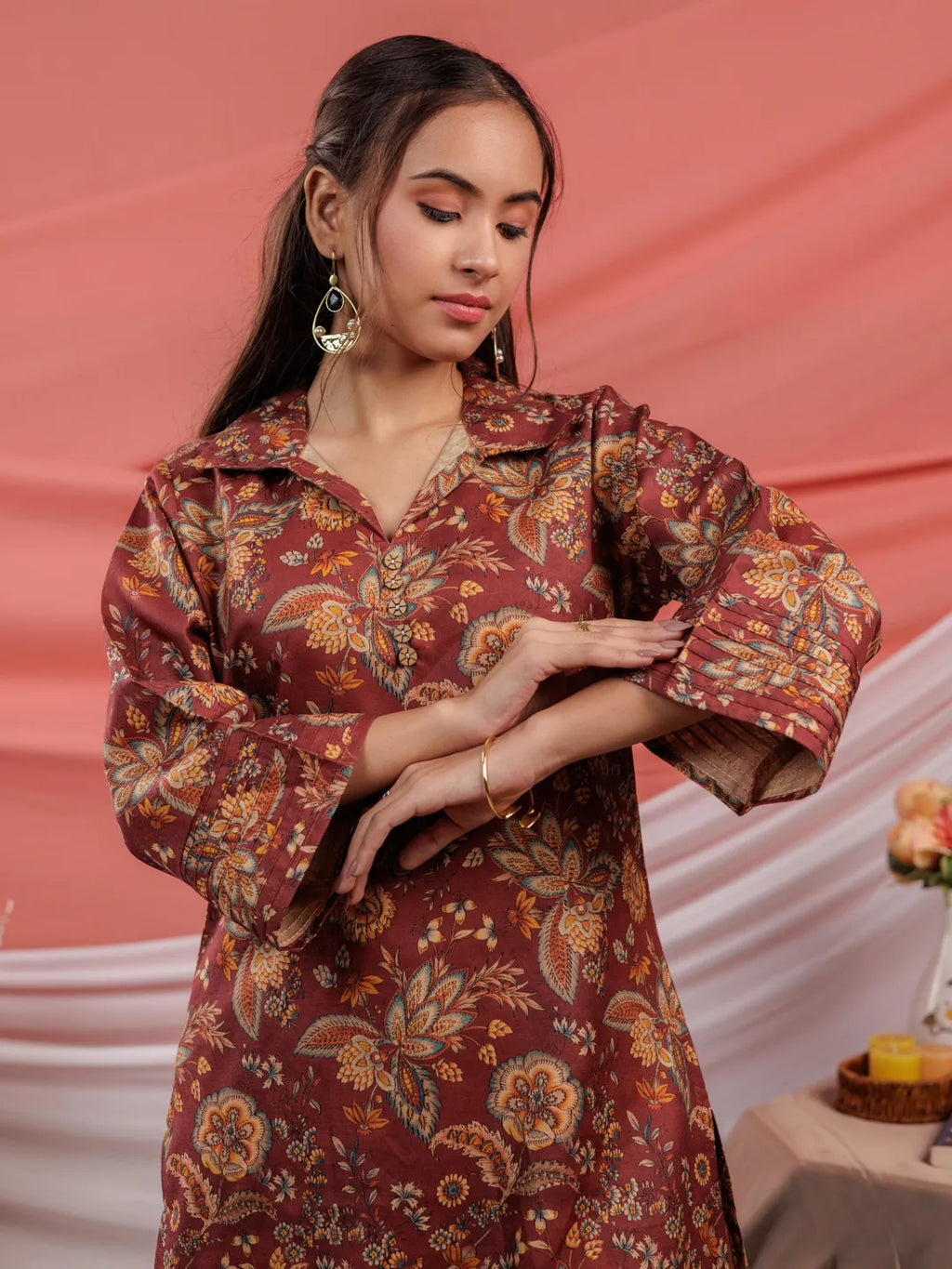 Yufta Cotton Digital Printed Maroon Workwear Co-Ord Set With Pintuck Detailing On Sleeves | Grocsy