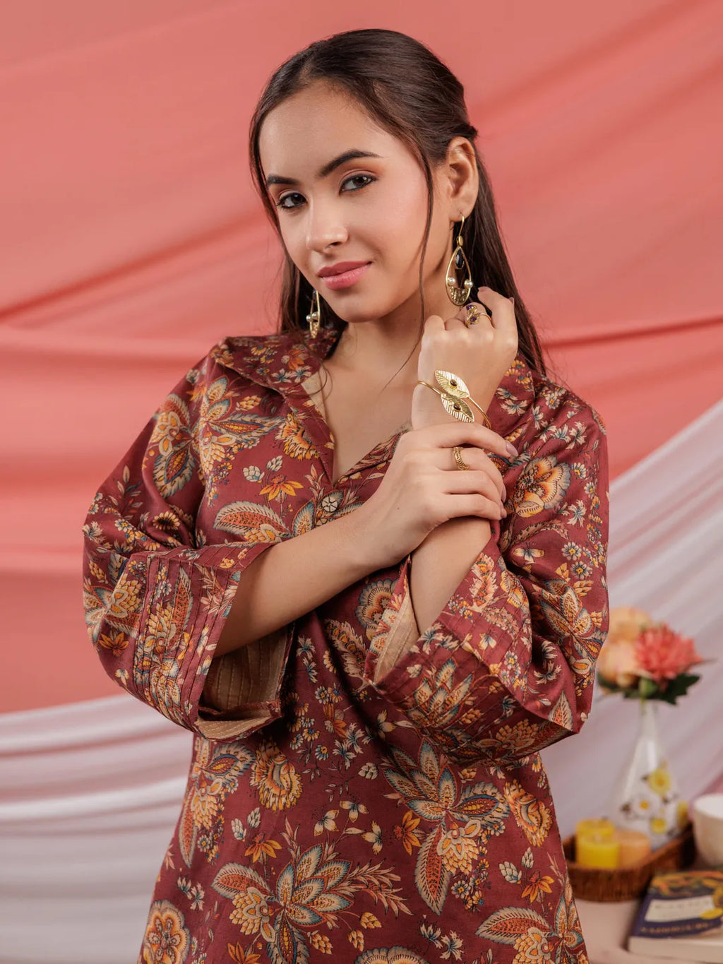 Yufta Cotton Digital Printed Maroon Workwear Co-Ord Set With Pintuck Detailing On Sleeves | Grocsy
