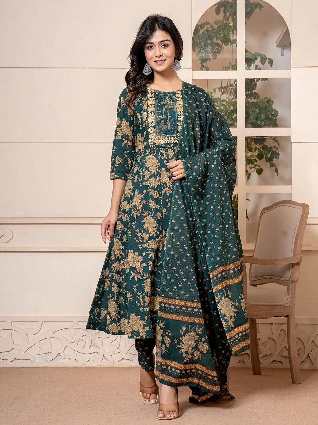 Yufta Cotton Green Anarkali Dupatta Set | Grocsy