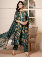 Yufta Cotton Green Anarkali Dupatta Set | Grocsy