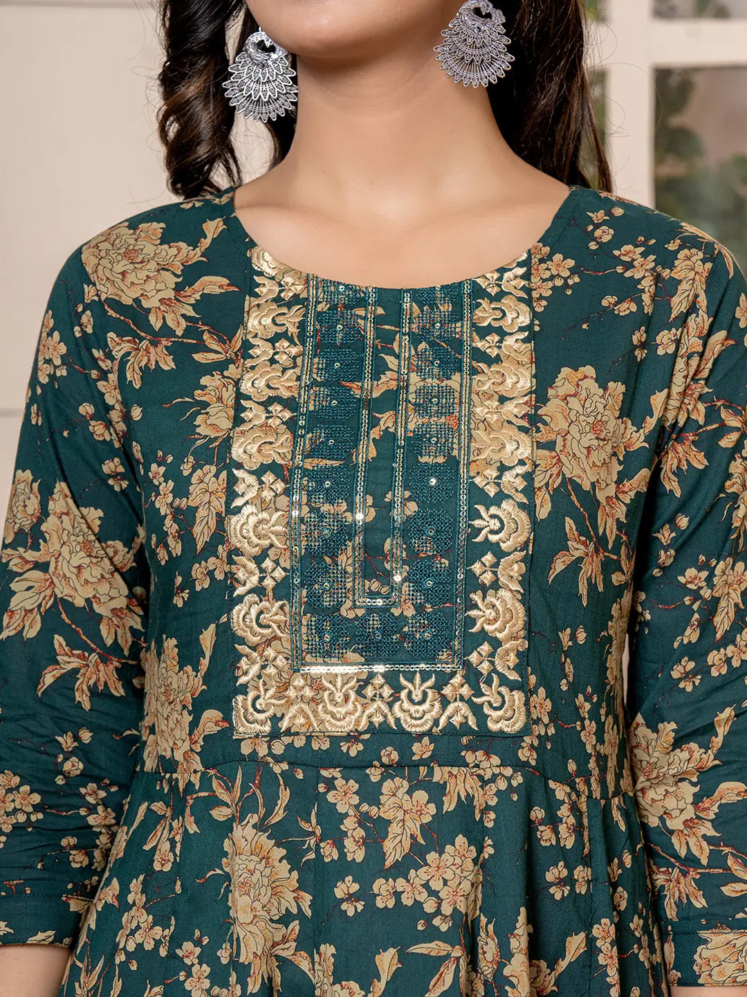 Yufta Cotton Green Anarkali Dupatta Set | Grocsy