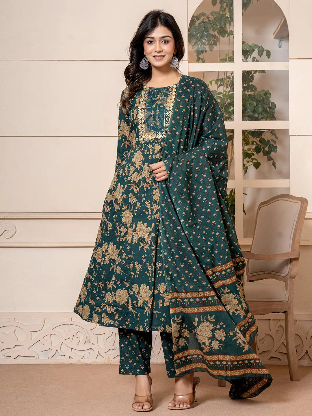 Yufta Cotton Green Anarkali Dupatta Set | Grocsy