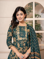 Yufta Cotton Green Anarkali Dupatta Set | Grocsy