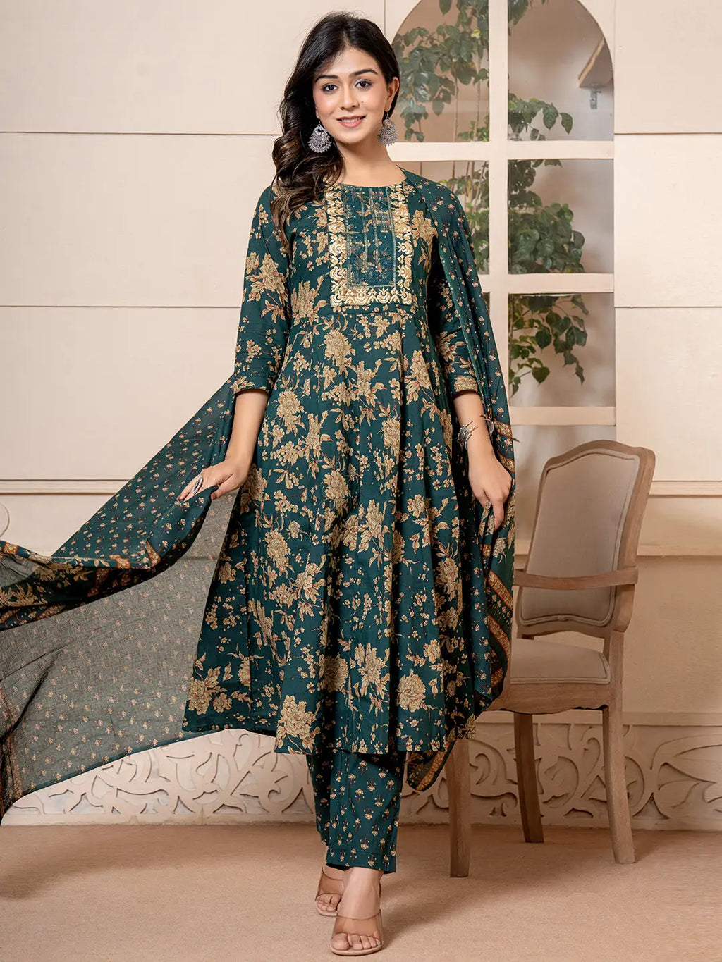 Yufta Cotton Green Anarkali Dupatta Set | Grocsy
