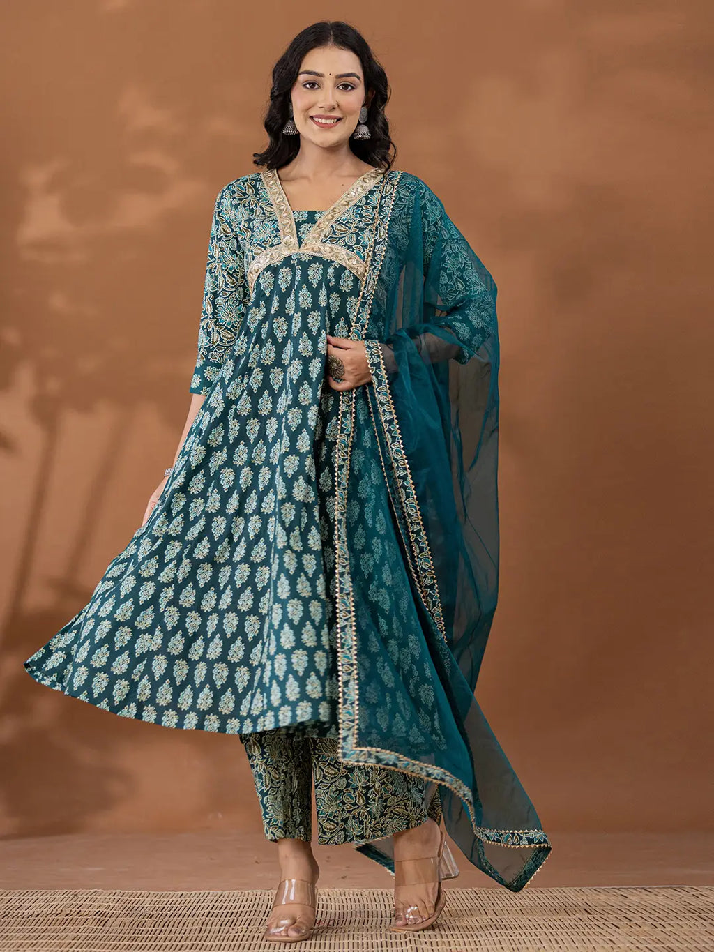 Yufta Cotton Green Anarkali Ethnic Motifs Kurta Dupatta Set | Grocsy