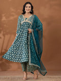 Yufta Cotton Green Anarkali Ethnic Motifs Kurta Dupatta Set | Grocsy